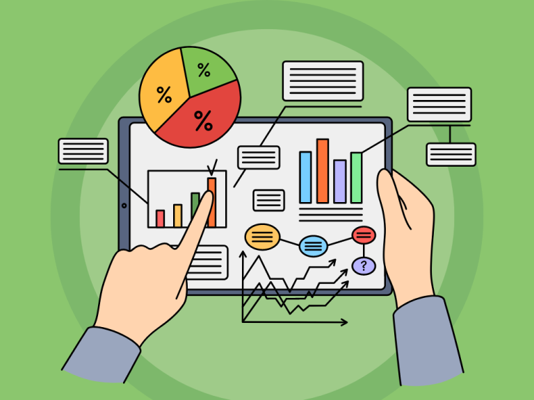 A graphic of a tablet device displaying various charts and data created by Excel in business.