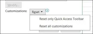 A screenshot showing the expanded selection of the reset button in the quick access toolbar customisation window.