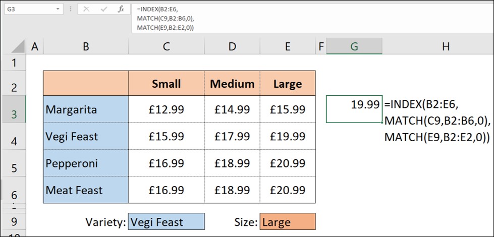 Demonstration of the INDEX/MATCH formulas together