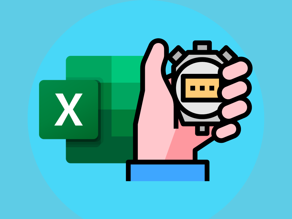 A graphic showing the Microsoft Excel Logo icon and a hand holding a stopwatch. The image symbolises time tracking in Excel.