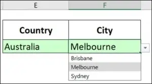 A screenshot from Microsoft Excel. The screenshot shows two columns of a table which feature dependent data validation. On the left the column titled'Country' shows Australia selected in the lower cell. On the right, the column titled'City' shows the dropdown that has been created using dependent data validation showing Australian cities to select.