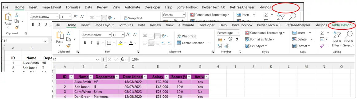 Excel Spreadsheets: Tables tutorial screenshot, step 2